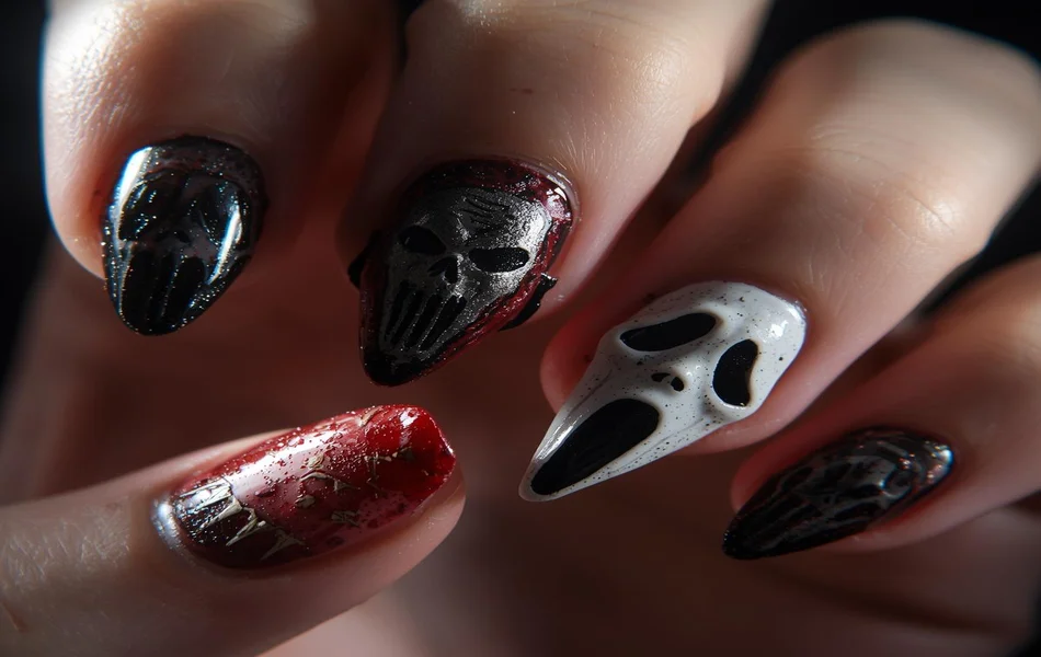 Mixed Horror-Themed Nails with Ghostface
