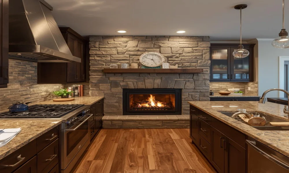 Stone Fireplace Kitchen Integration