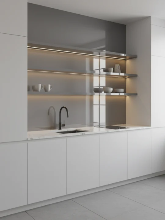 Top compact kitchen design open shelving 3