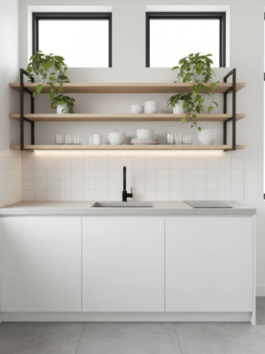 Top compact kitchen design open shelving 6