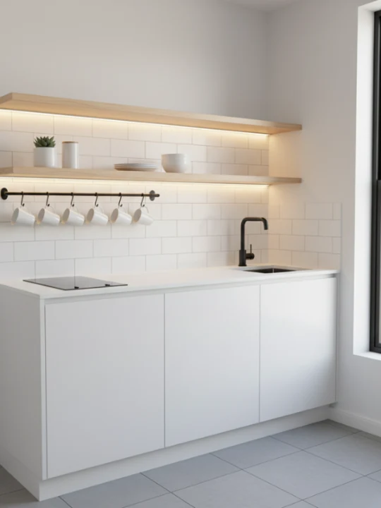 Top compact kitchen design open shelving 7