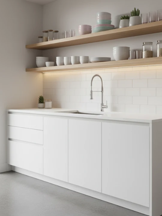 Top compact kitchen design open shelving 9