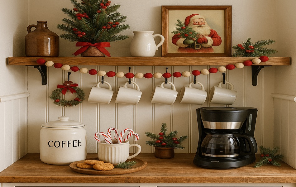 Cozy Farmhouse Coffee Station with Nostalgic Christmas Details