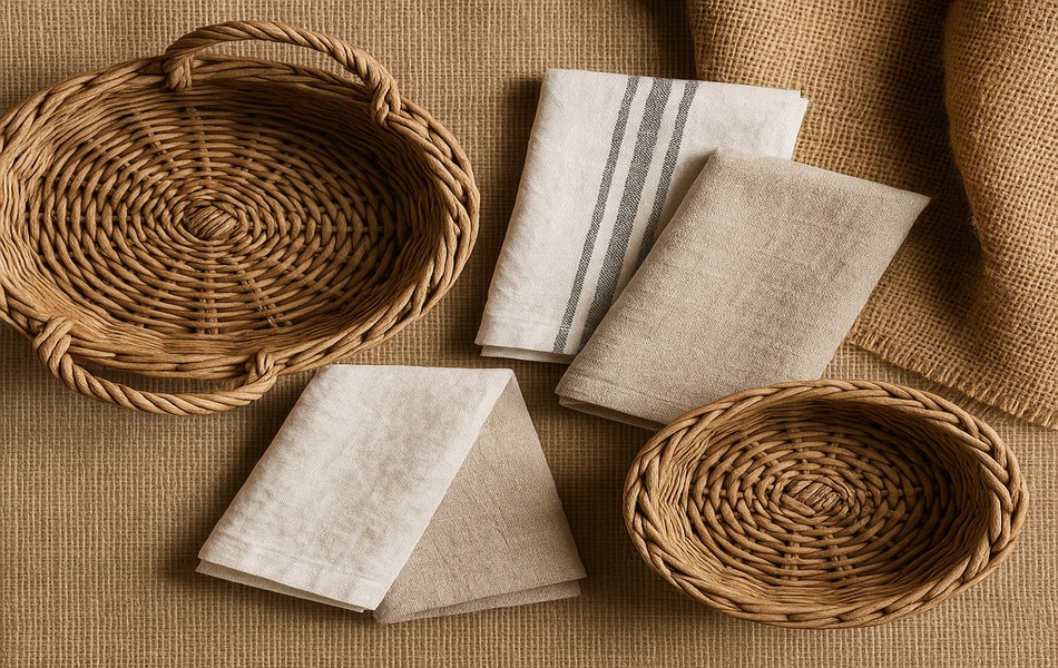 Classic Farmhouse Textures: Woven Baskets, Linen Towels, and Burlap Accents