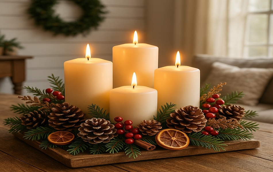 Festive Farmhouse Centerpiece with Candles and Natural Elements