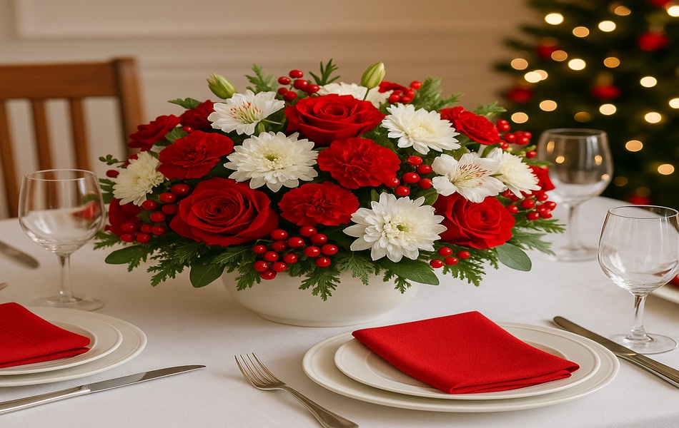 Festive Red & White Floral Centerpieces for Dining Rooms