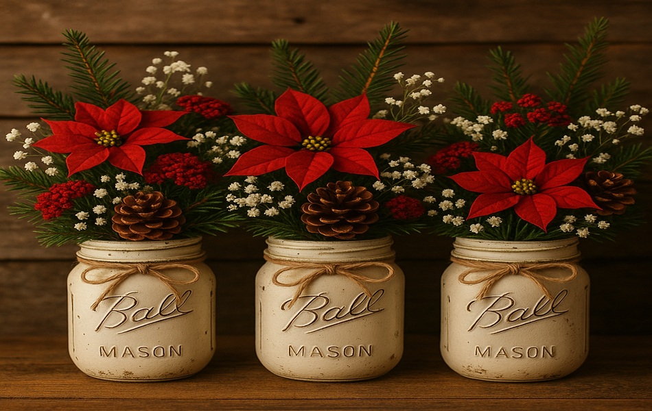 Rustic Mason Jar Flower Arrangements for a Country Christmas