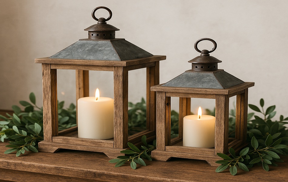 Rustic Farmhouse Candle Lanterns with Natural Greenery