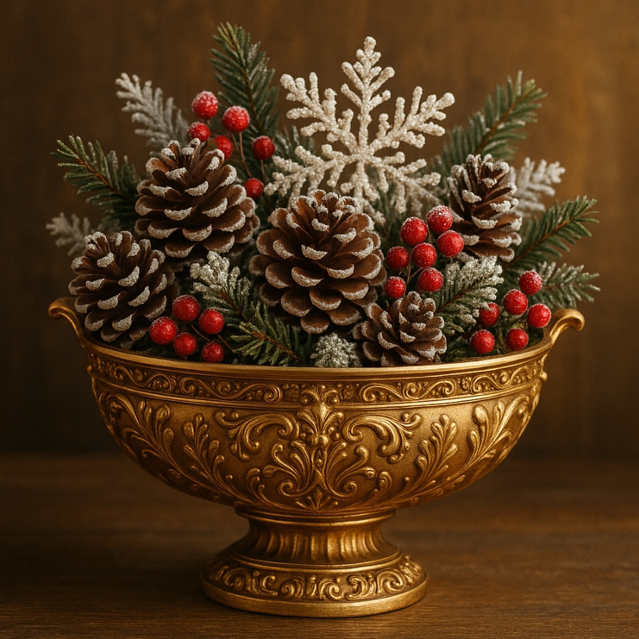 Gold Ornament Bowl with Winter Accents