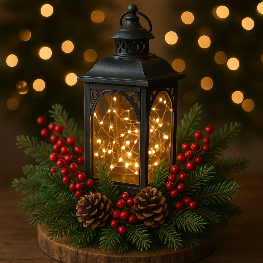Christmas Lantern Centerpiece with Fairy Lights
