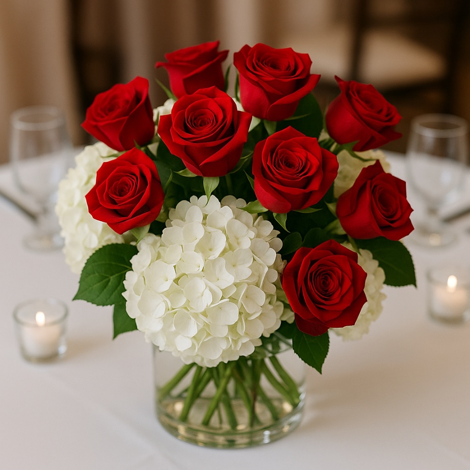 Classic Red Roses & White Hydrangeas Centerpiece