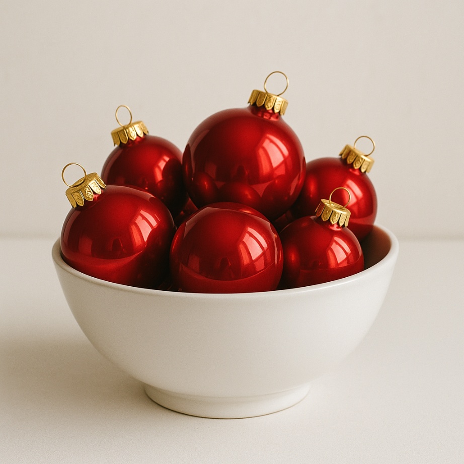White Ceramic Bowl Filled with Red Ornaments