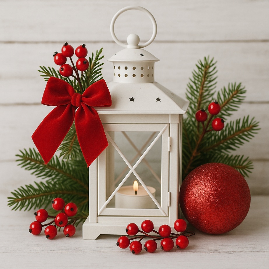 White Lantern with Red Holiday Accents