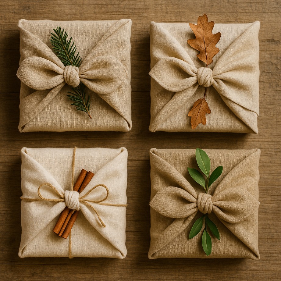 Fabric-Wrapped Gifts with Natural Accessories