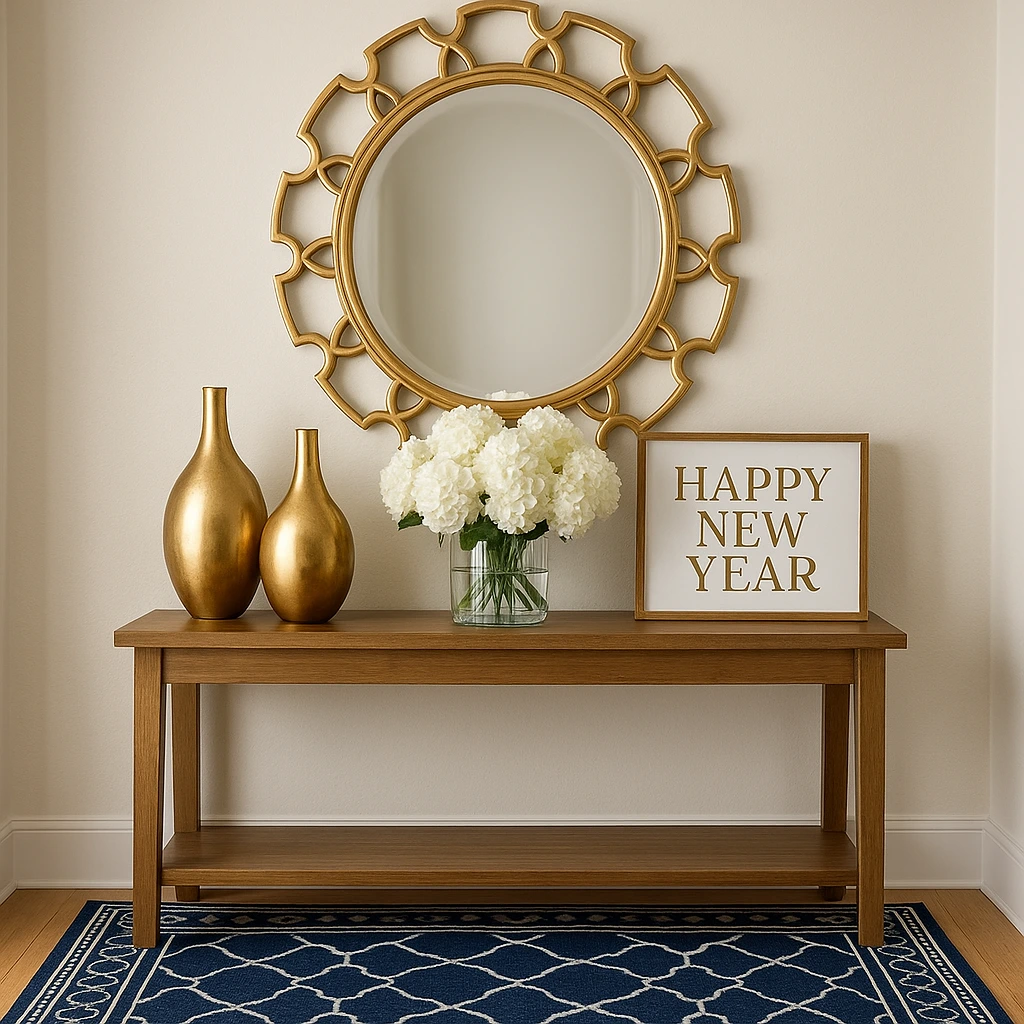 holiday New Year home décor ideas gold and navy palette
