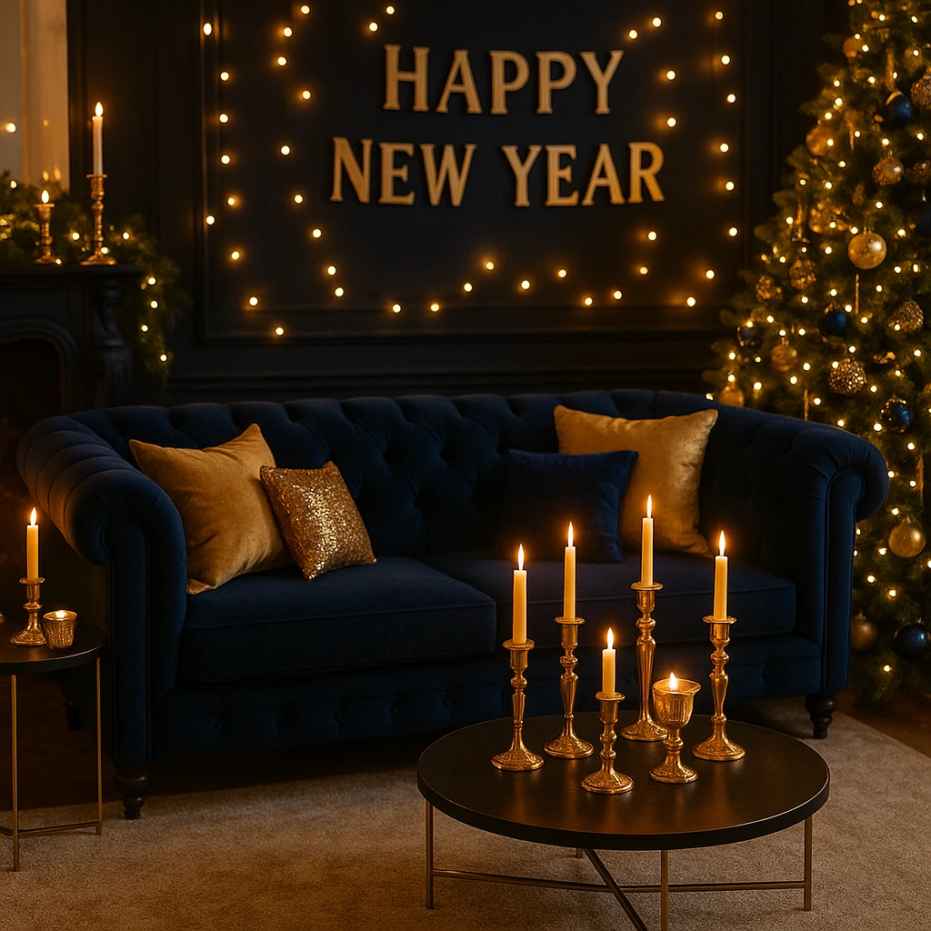 holiday New Year home décor ideas gold and navy palette