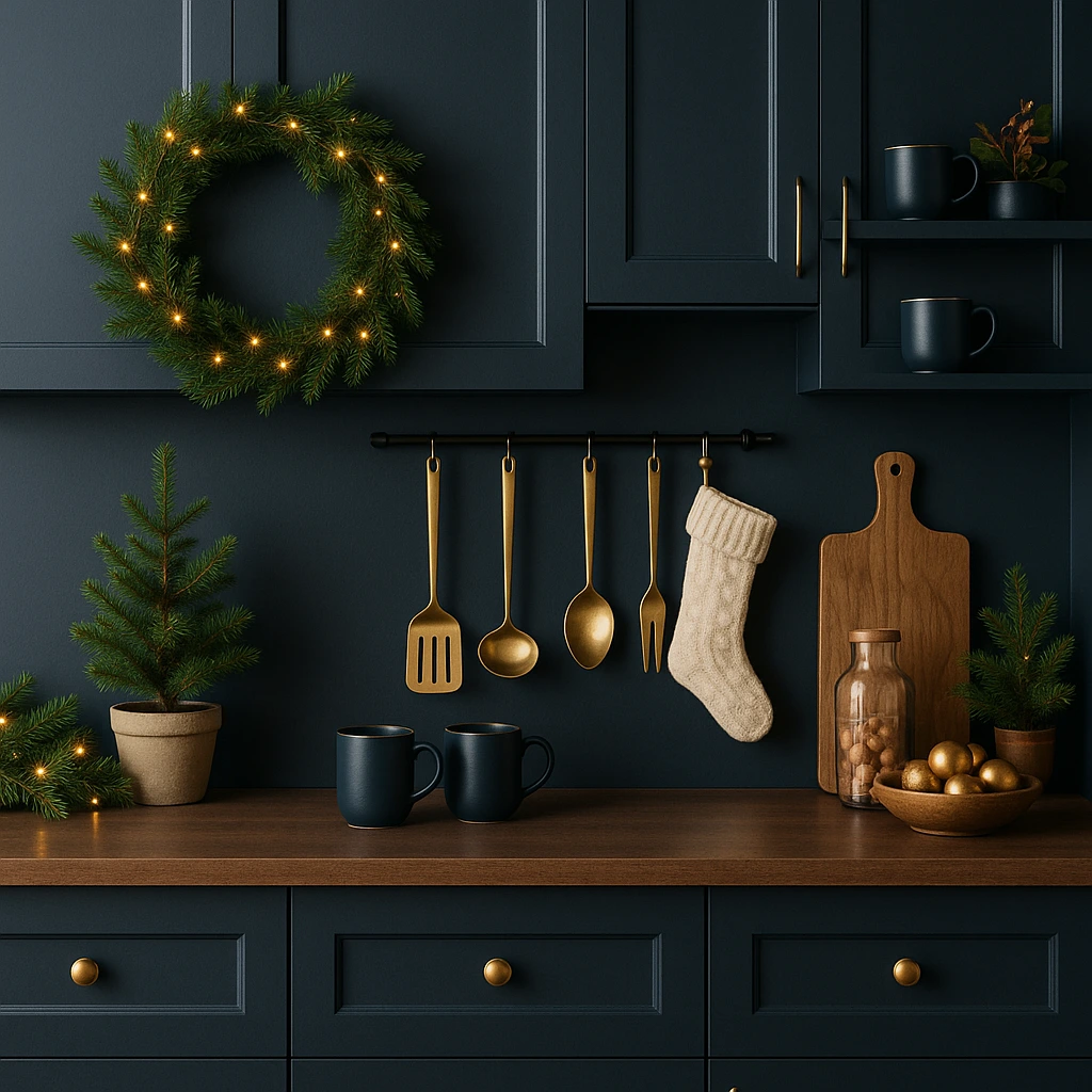 holiday New Year home décor ideas gold and navy palette