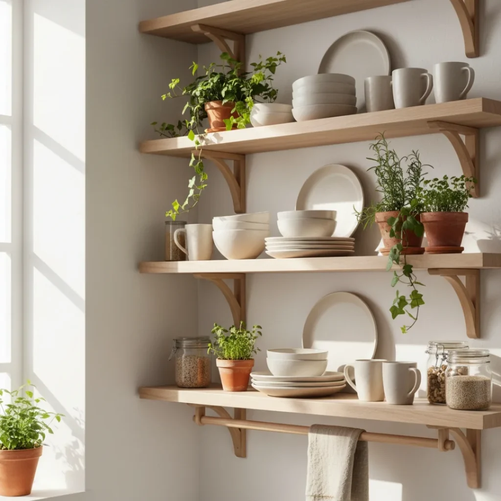 kitchen open shelving décor trend 2025 earthy tones