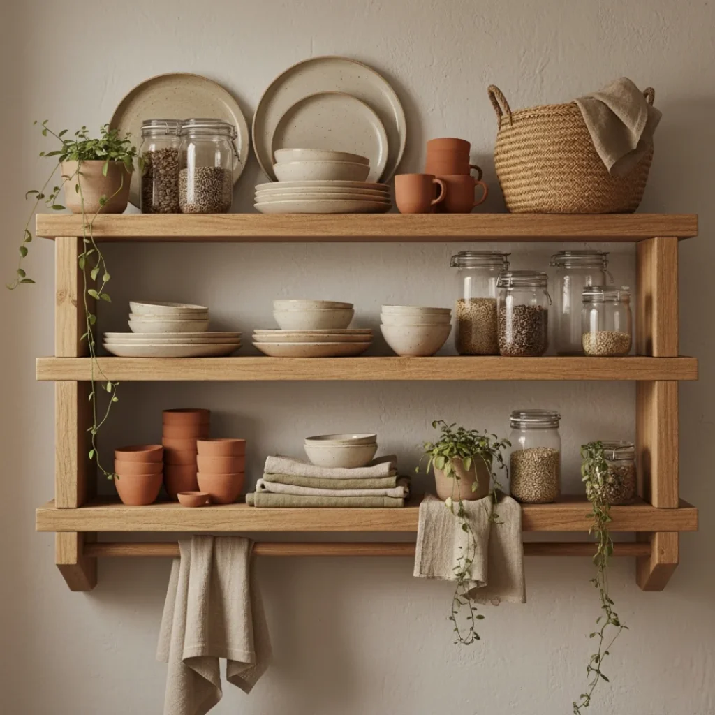 kitchen open shelving décor trend 2025 earthy tones