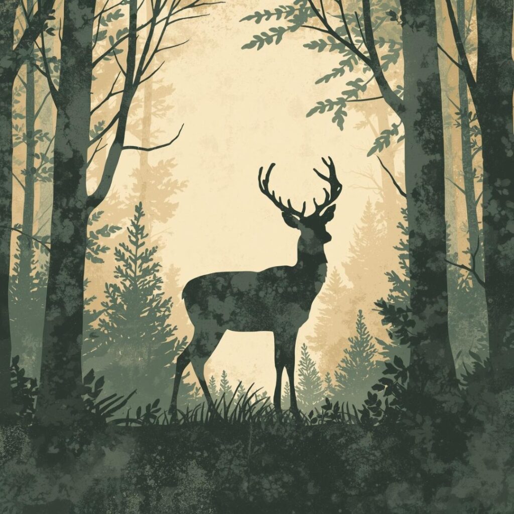 . Hand-Drawn Reindeer Silhouette with Forest Background