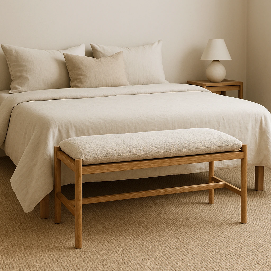 7 Wood Linen Bedroom Bench Combos for a Nordic Feel