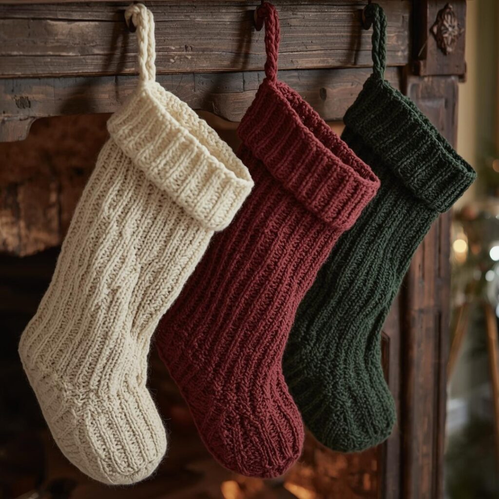 Rustic Stockings Hung on a Wooden Mantel