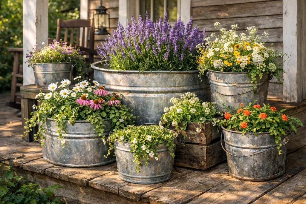 Galvanized Metal Tubs and Buckets as Planters